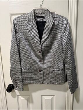 Perry Ellis Navy and White Satin Patterned Women's Blazer